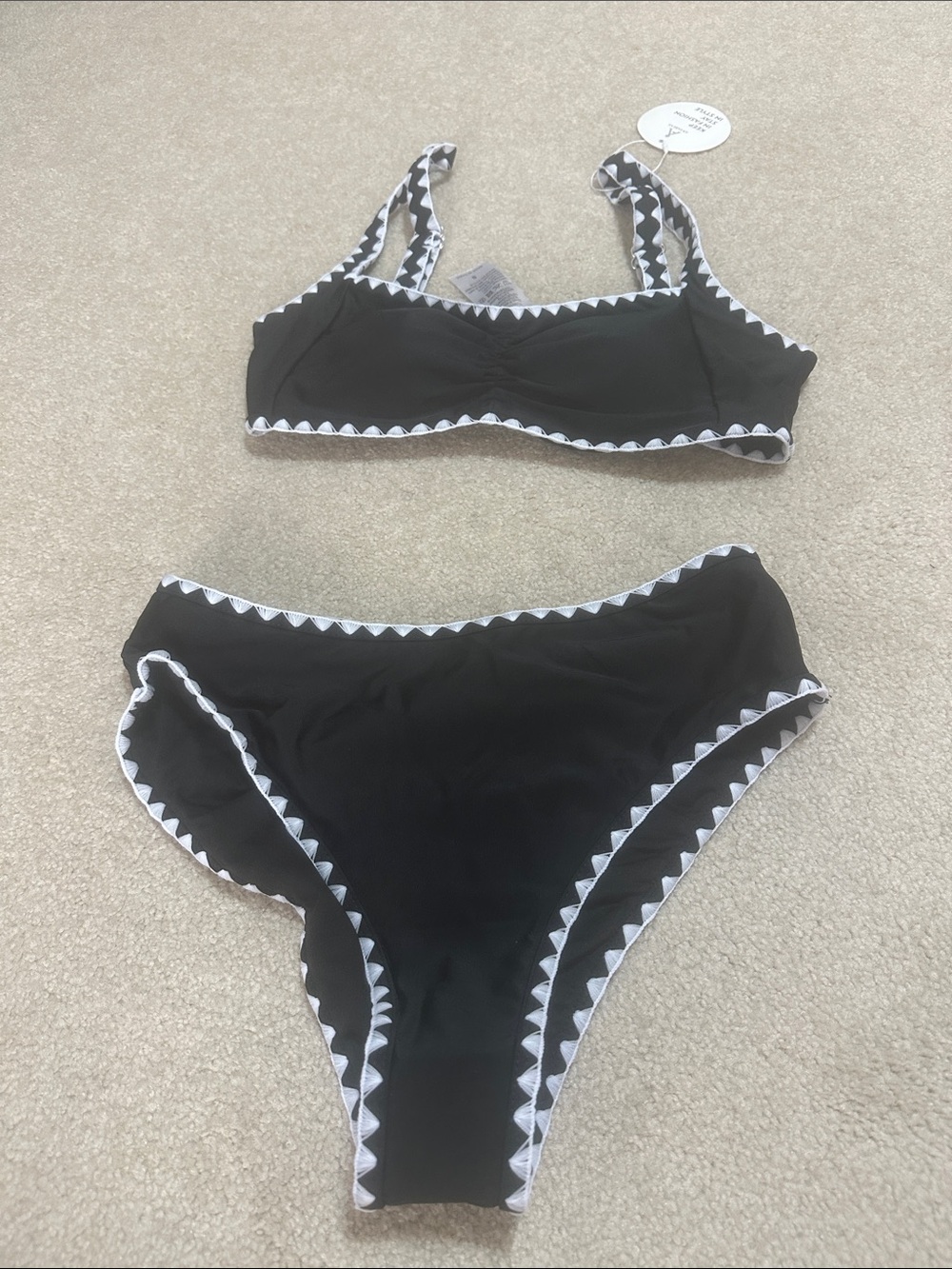 Black High-Waist Bikini Set with White Triangle Trim